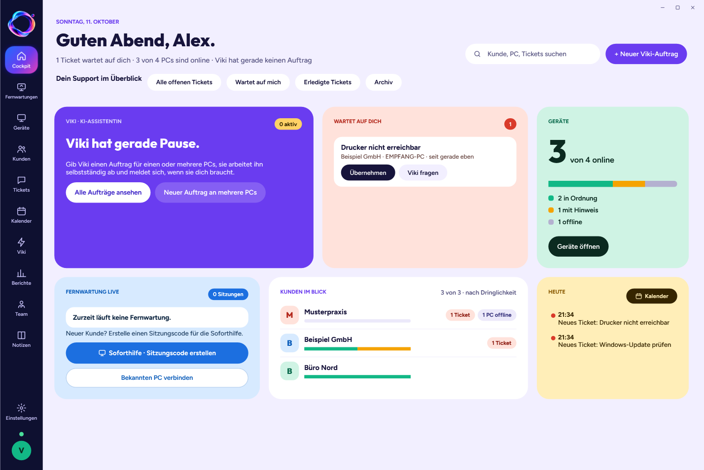 VikiDesk Zentrale mit Cockpit, Tickets und Kundengeräten
